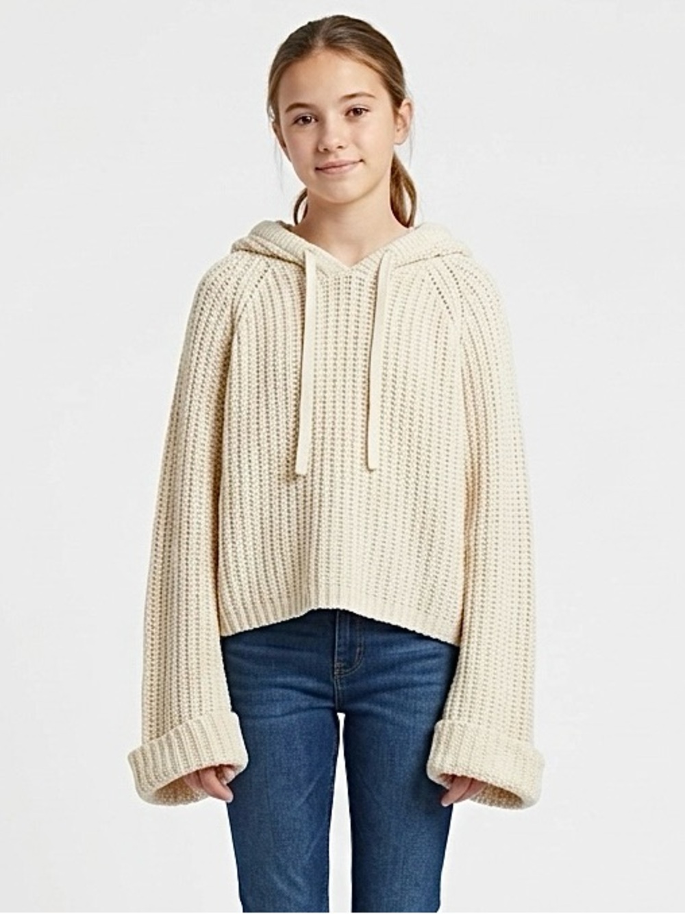 Daytrip Woman’s Cream Cropped Knit Hoodie Wide Sleeve Sweater — Size Large